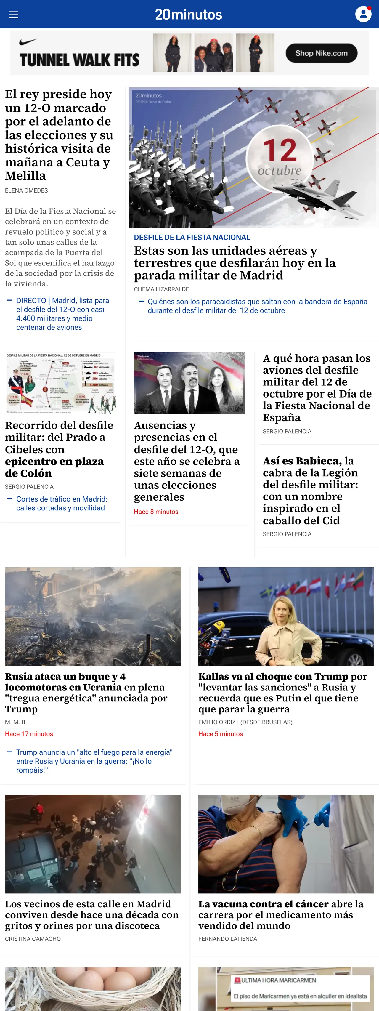 Screenshot of the 20minutos front page