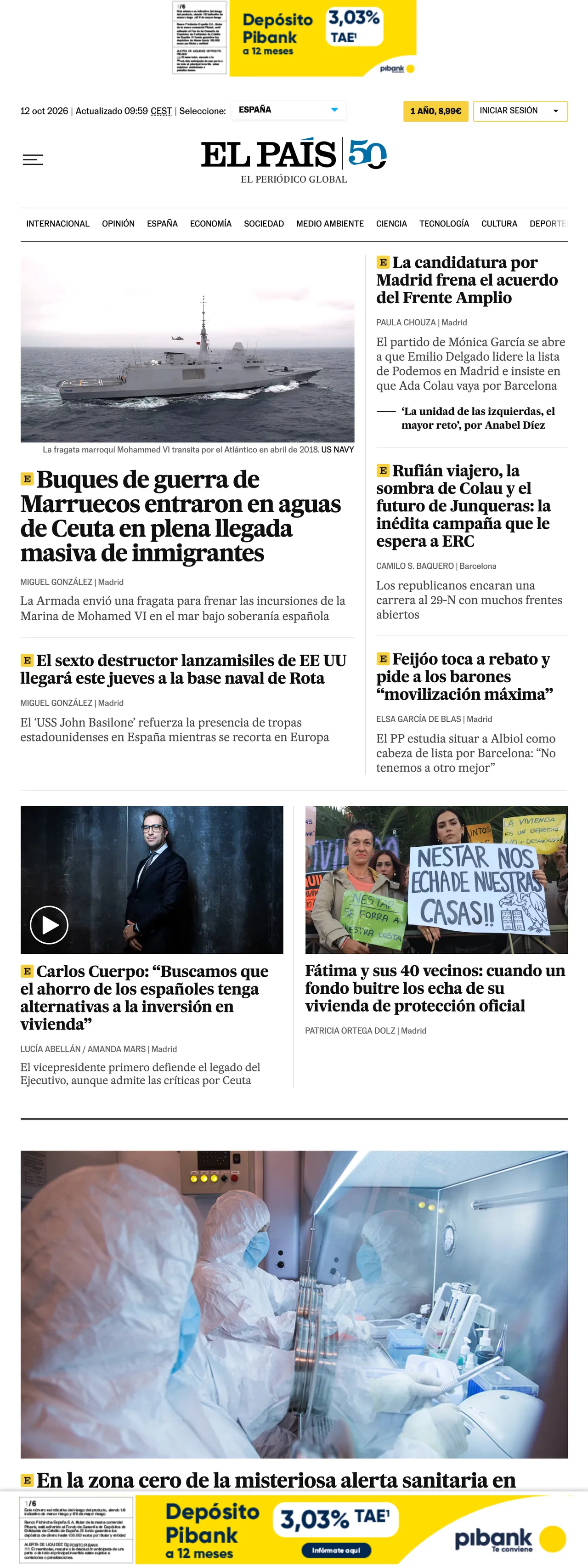 Screenshot of the EL PAÍS front page