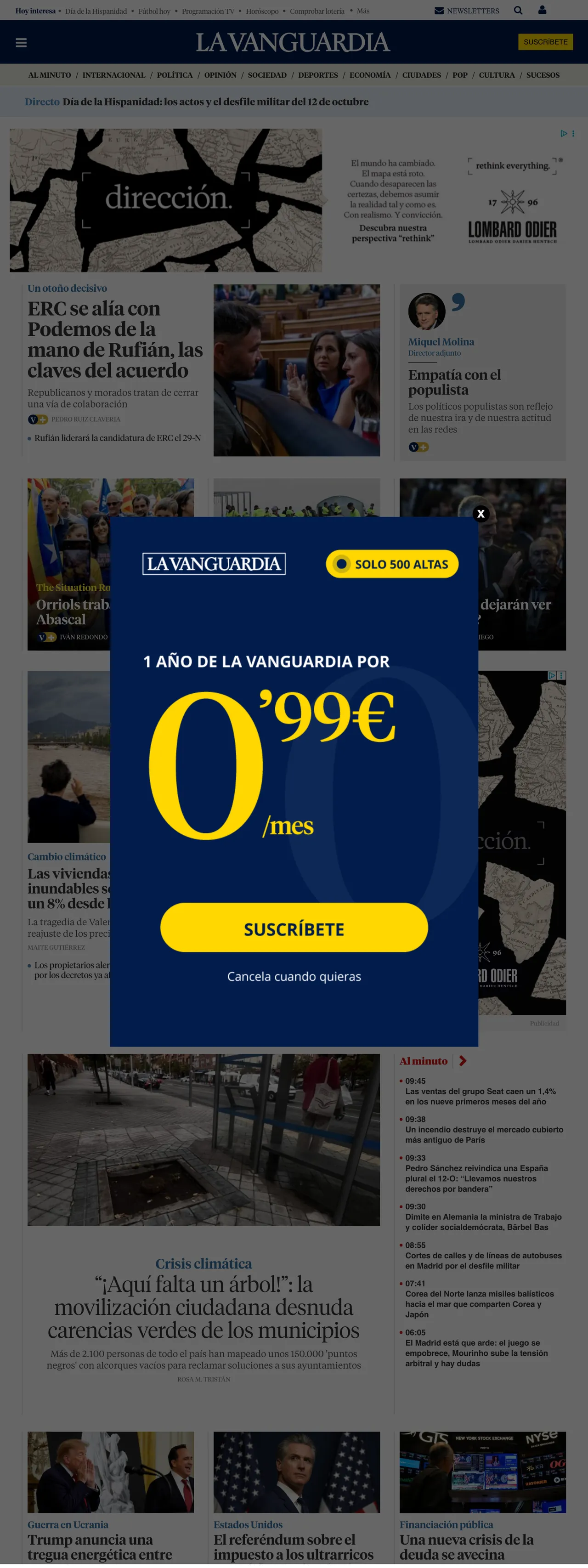 Screenshot of the La Vanguardia front page