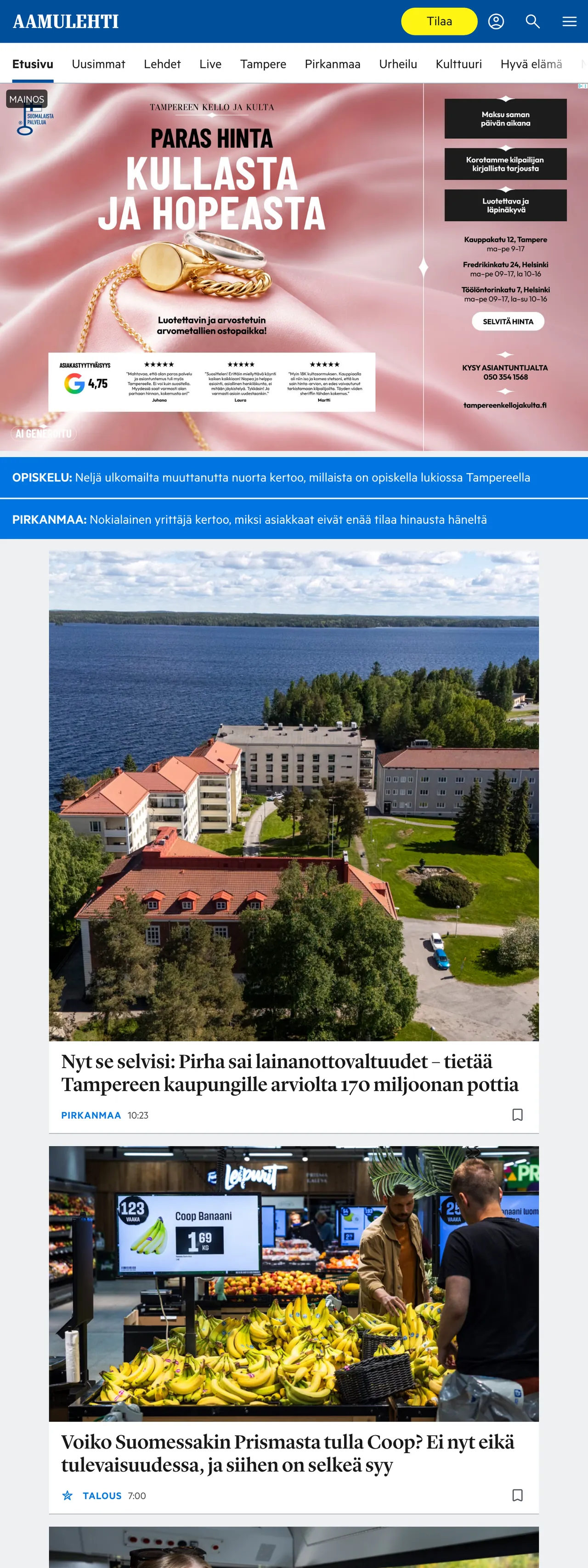Screenshot of the Aamulehti front page