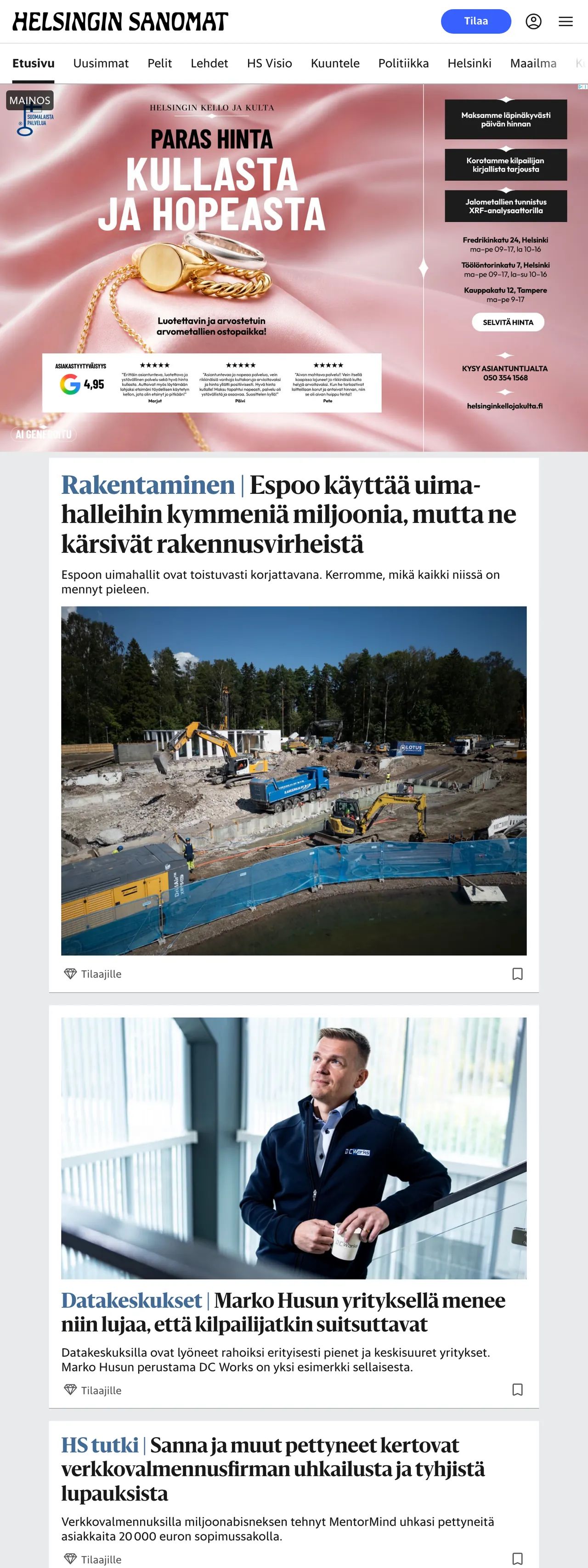 Screenshot of the Helsingin Sanomat front page