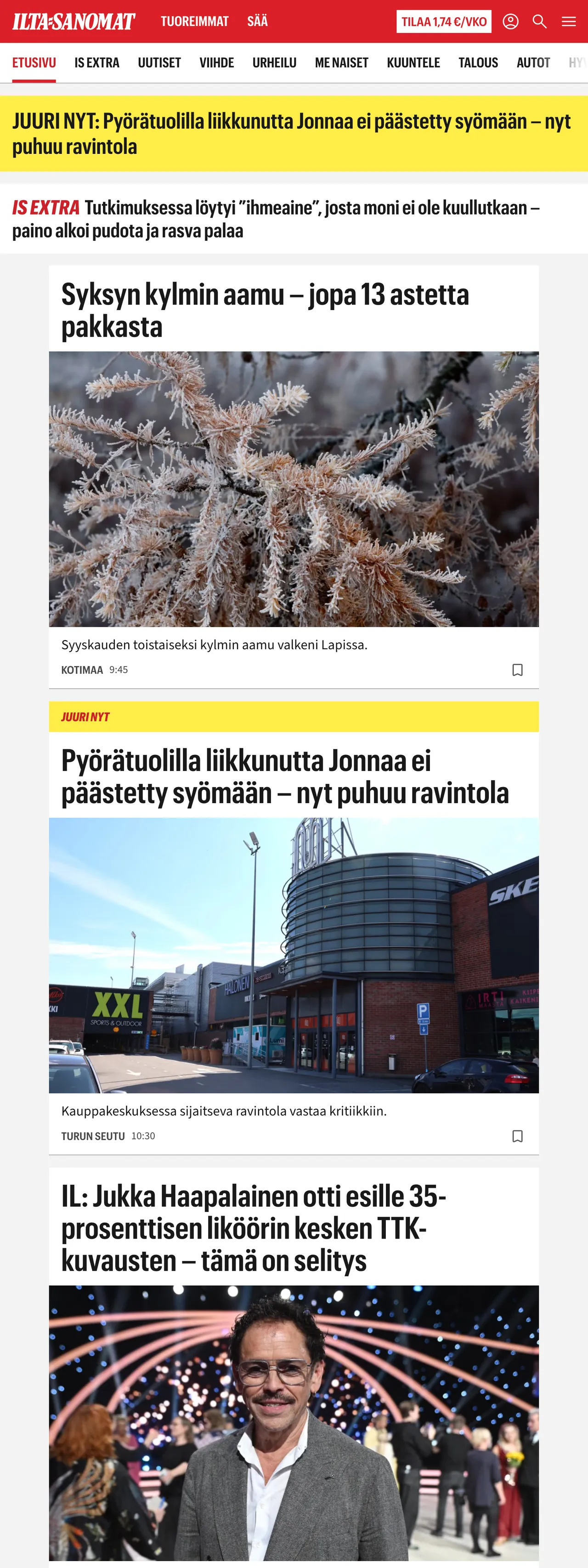 Screenshot of the Ilta-Sanomat front page
