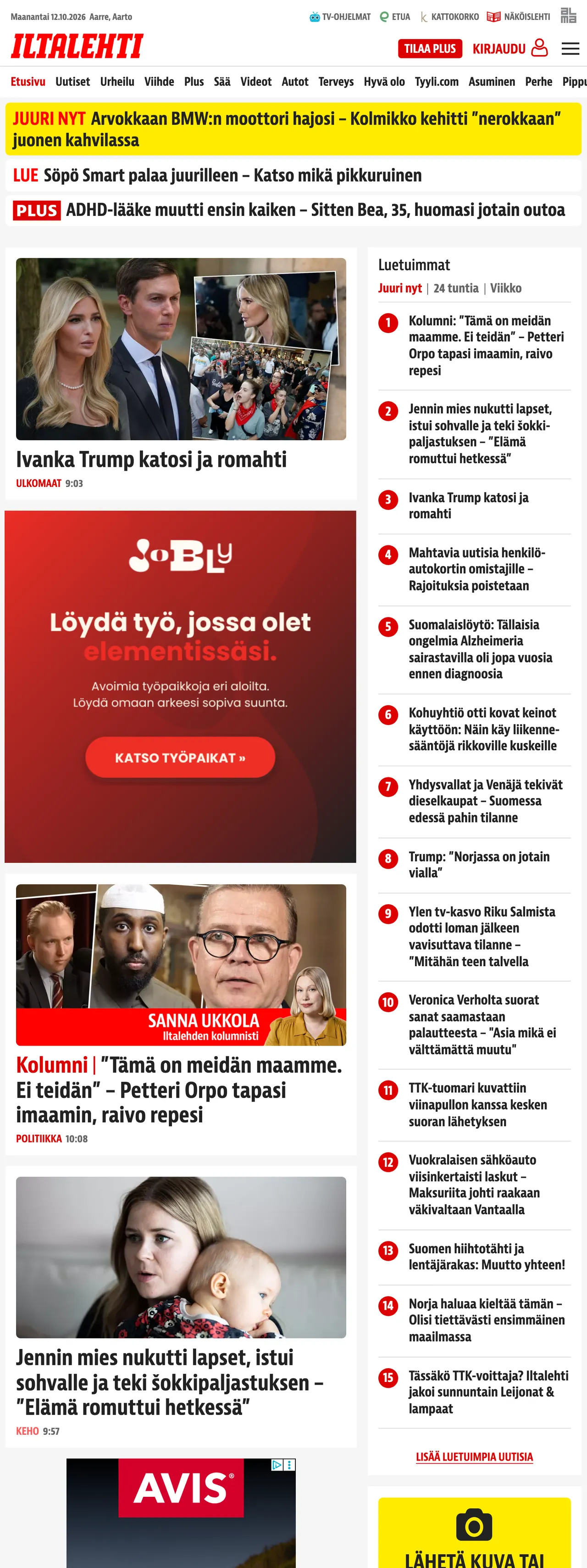Screenshot of the Iltalehti front page