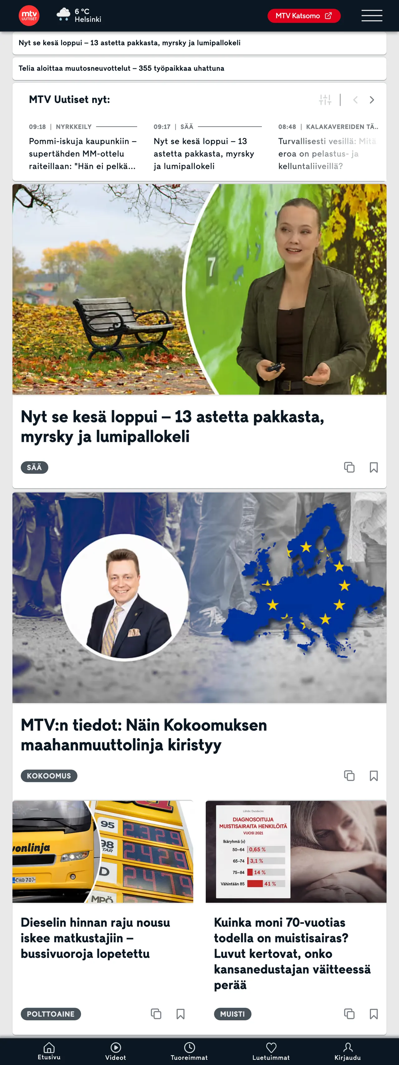 Screenshot of the MTV Uutiset front page
