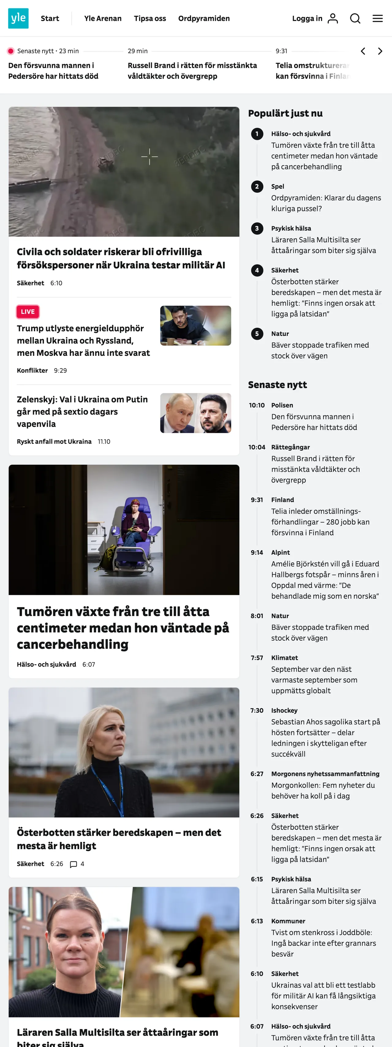 Screenshot of the Svenska Yle front page