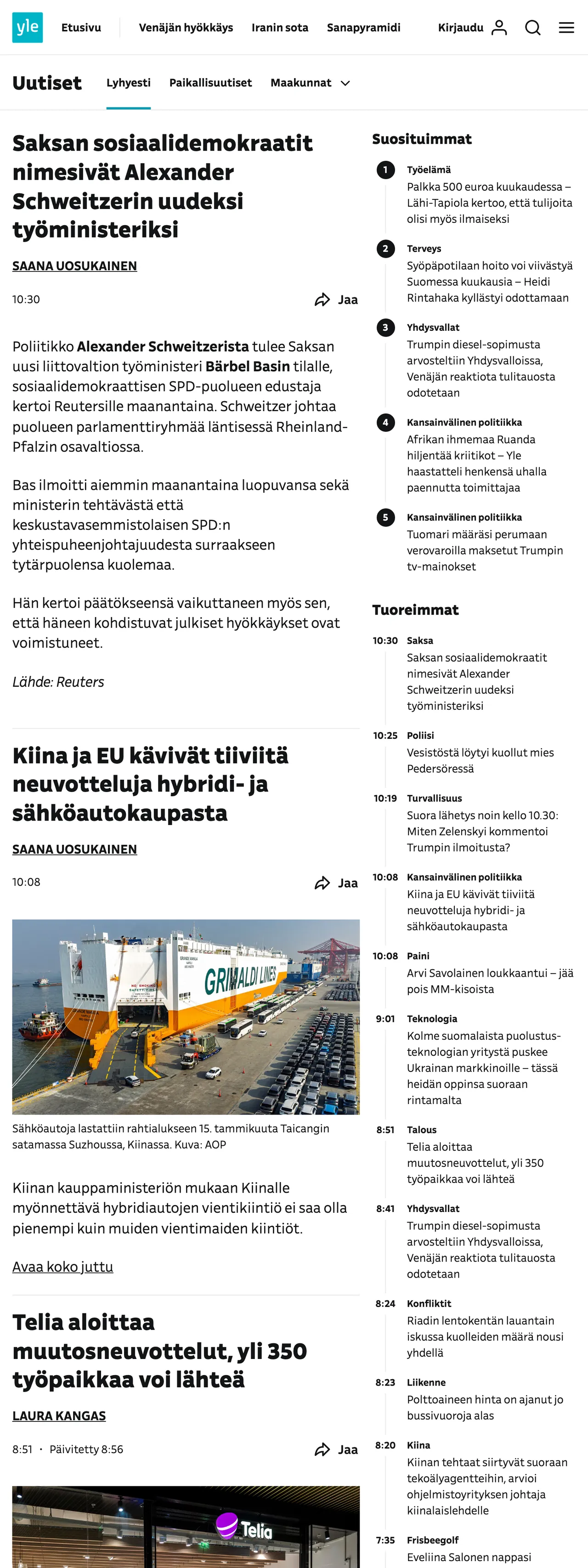 Screenshot of the Yle front page