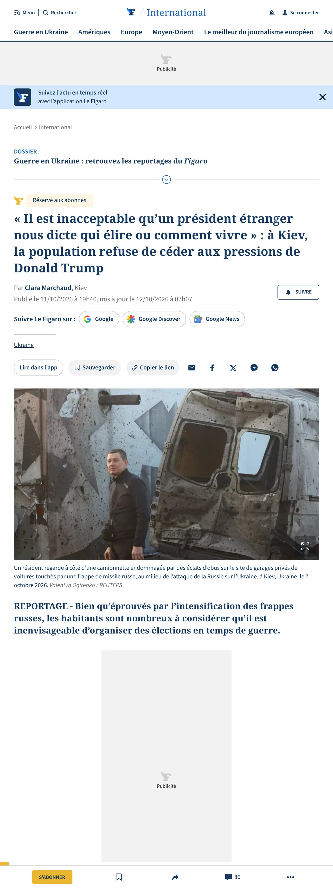 Screenshot of the Le Figaro front page