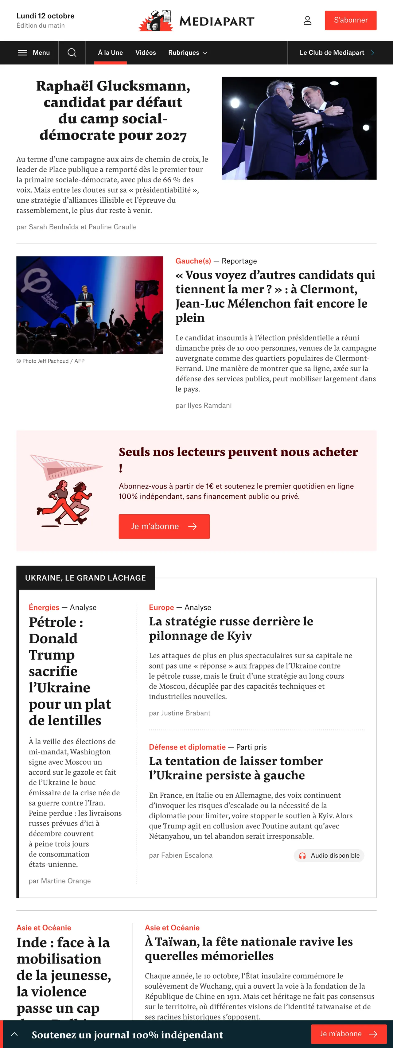 Screenshot of the Mediapart front page