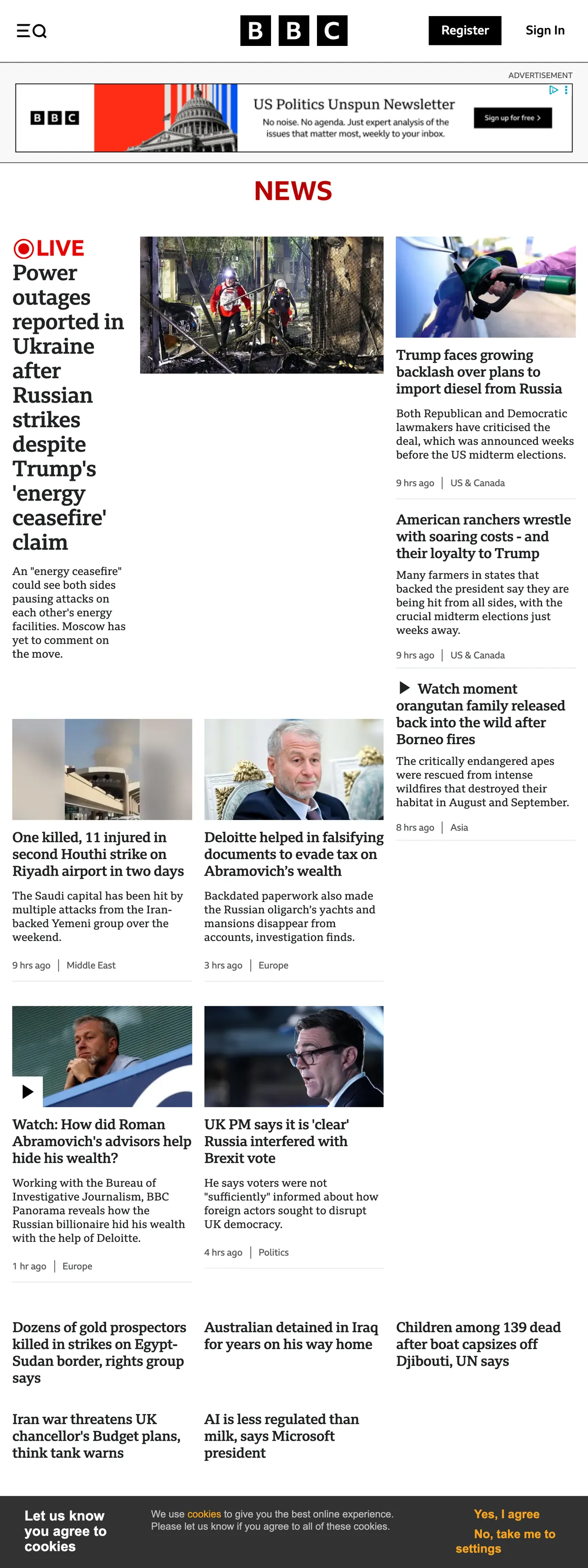 Screenshot of the BBC News front page