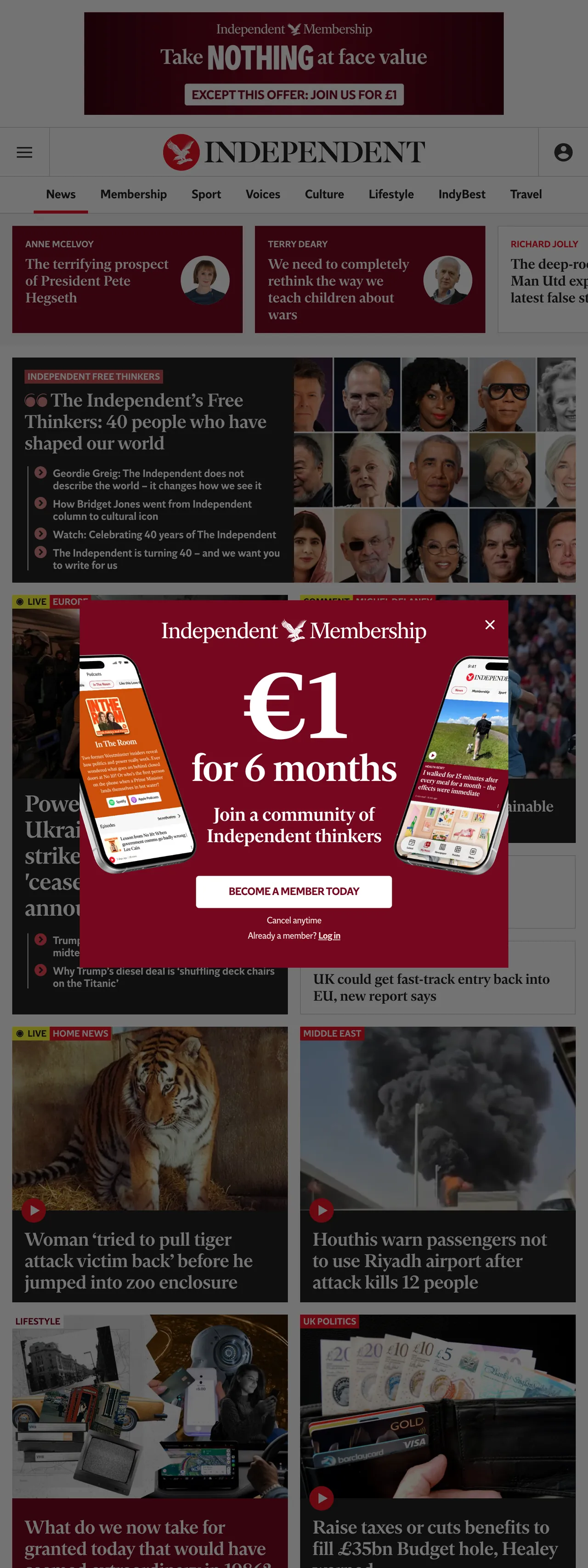 Screenshot of the The Independent front page