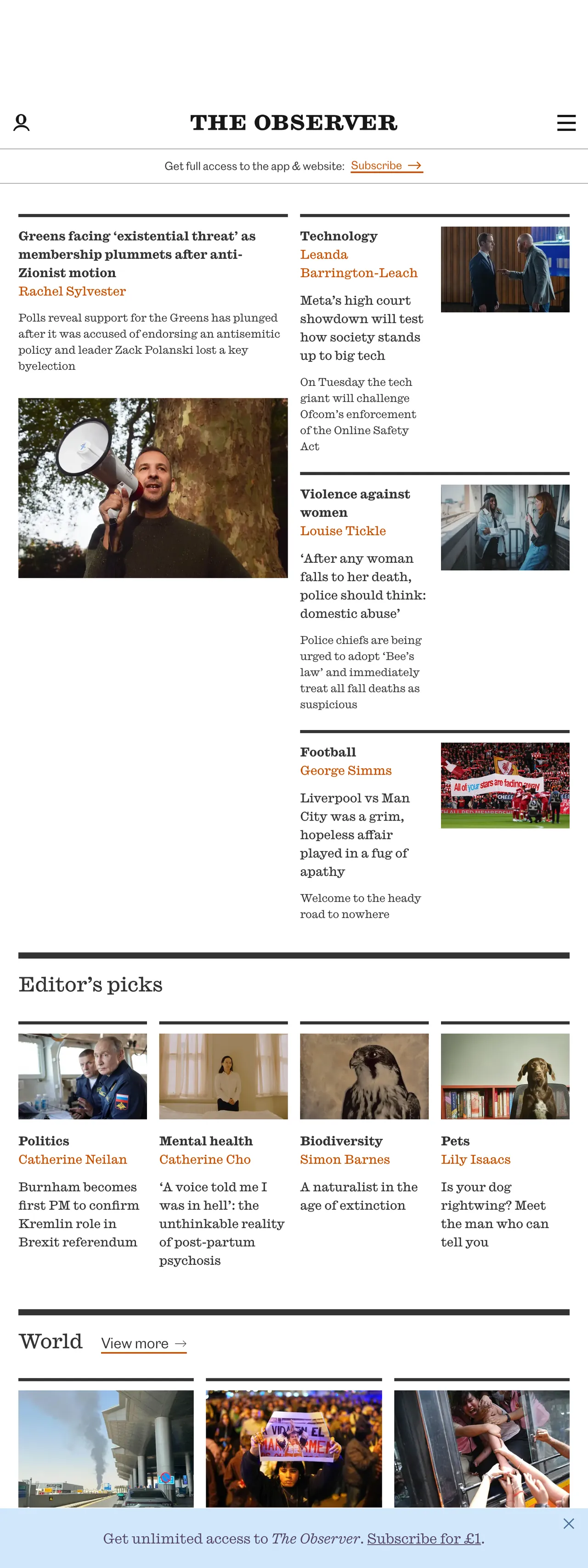 Screenshot of the The Observer front page
