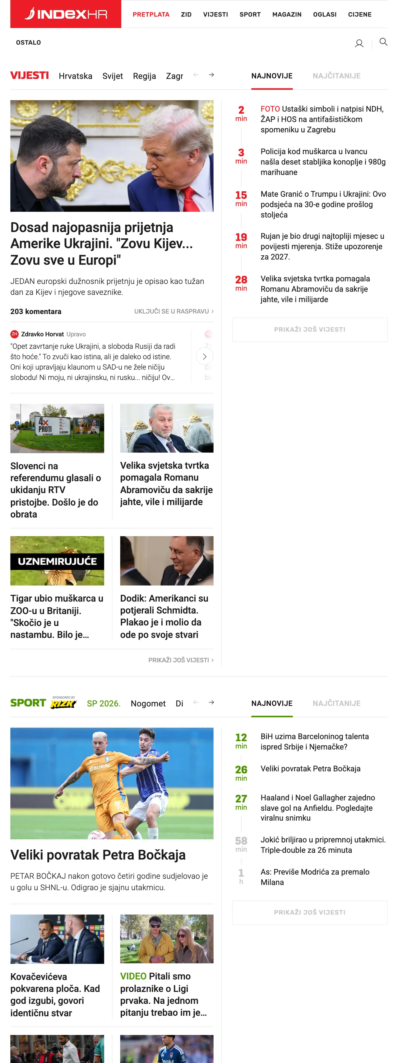 Screenshot of the Index.hr front page