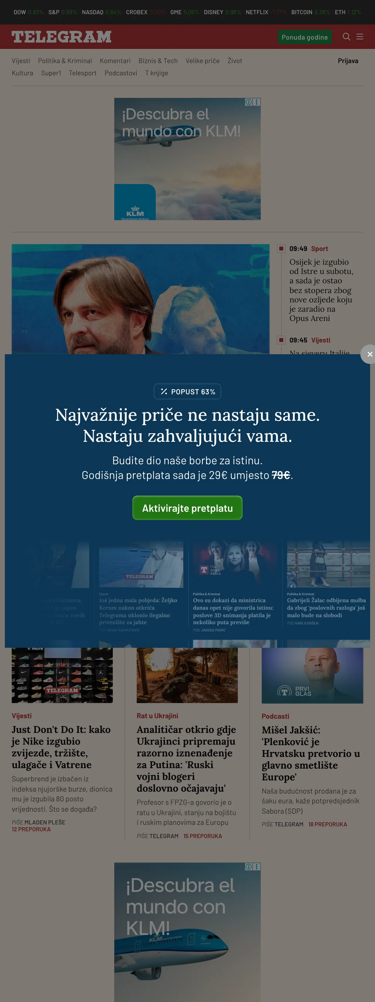 Screenshot of the Telegram.hr front page