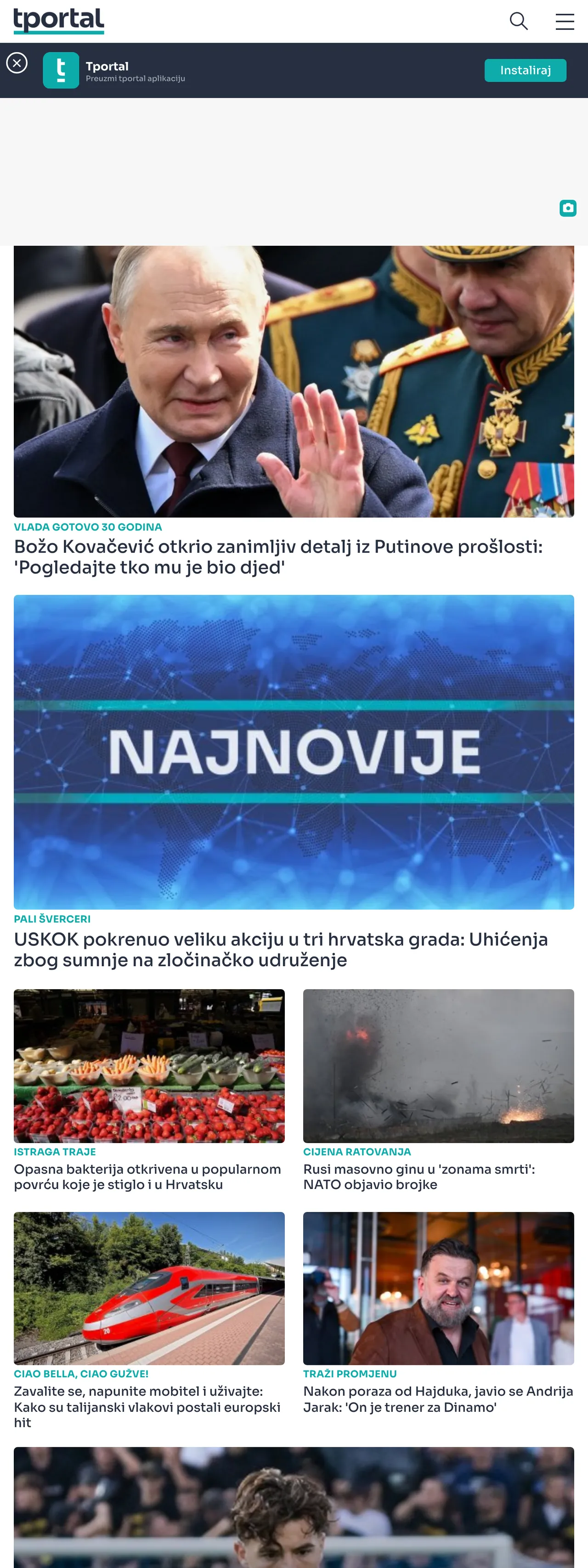 Screenshot of the tportal front page