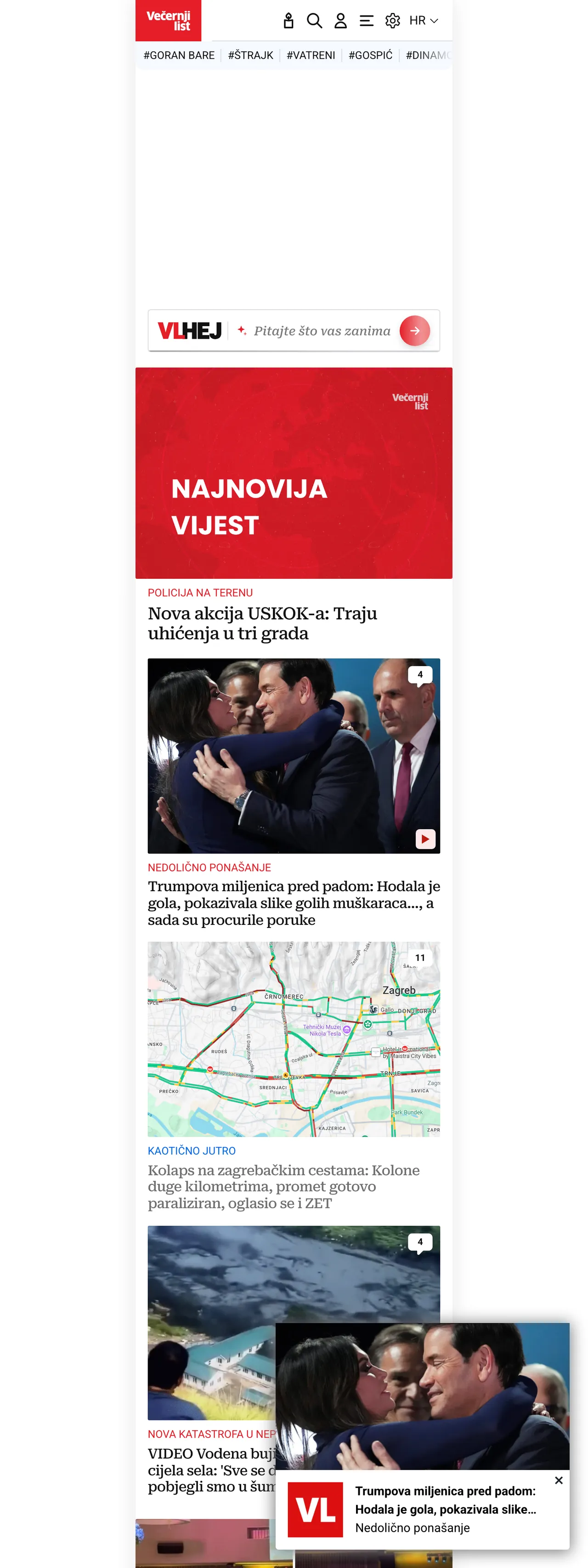 Screenshot of the Večernji list front page