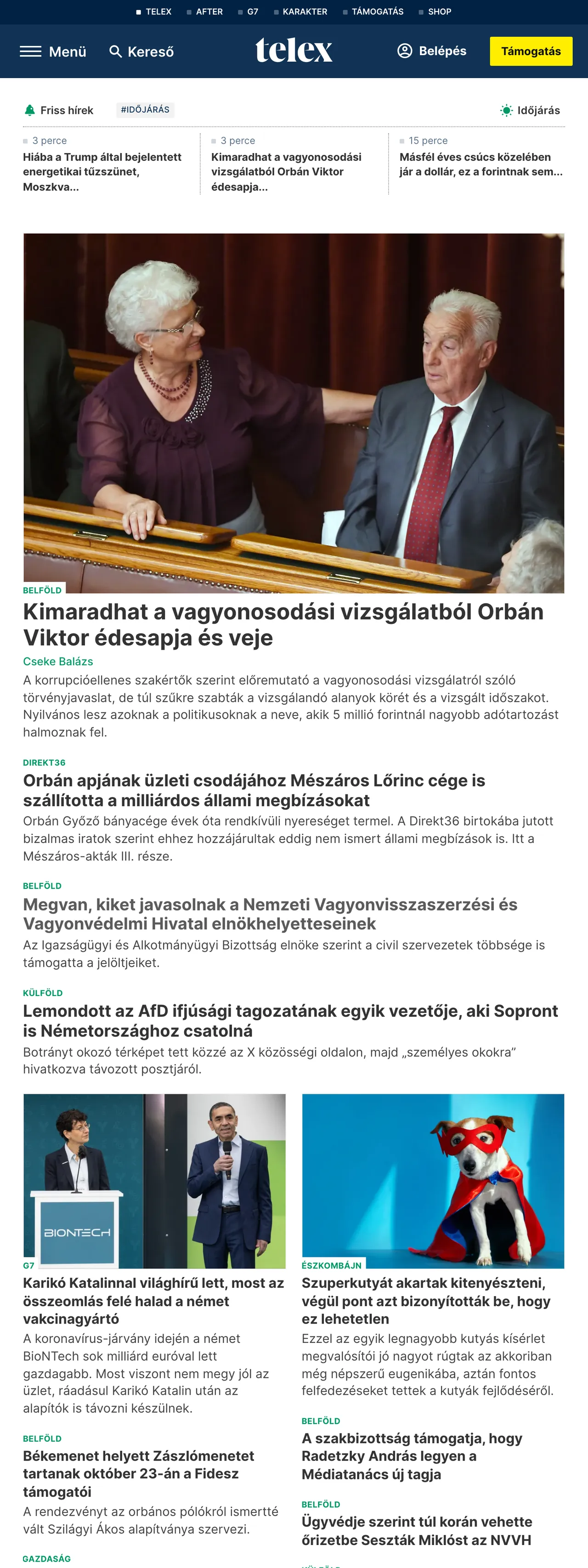 Screenshot of the Telex front page