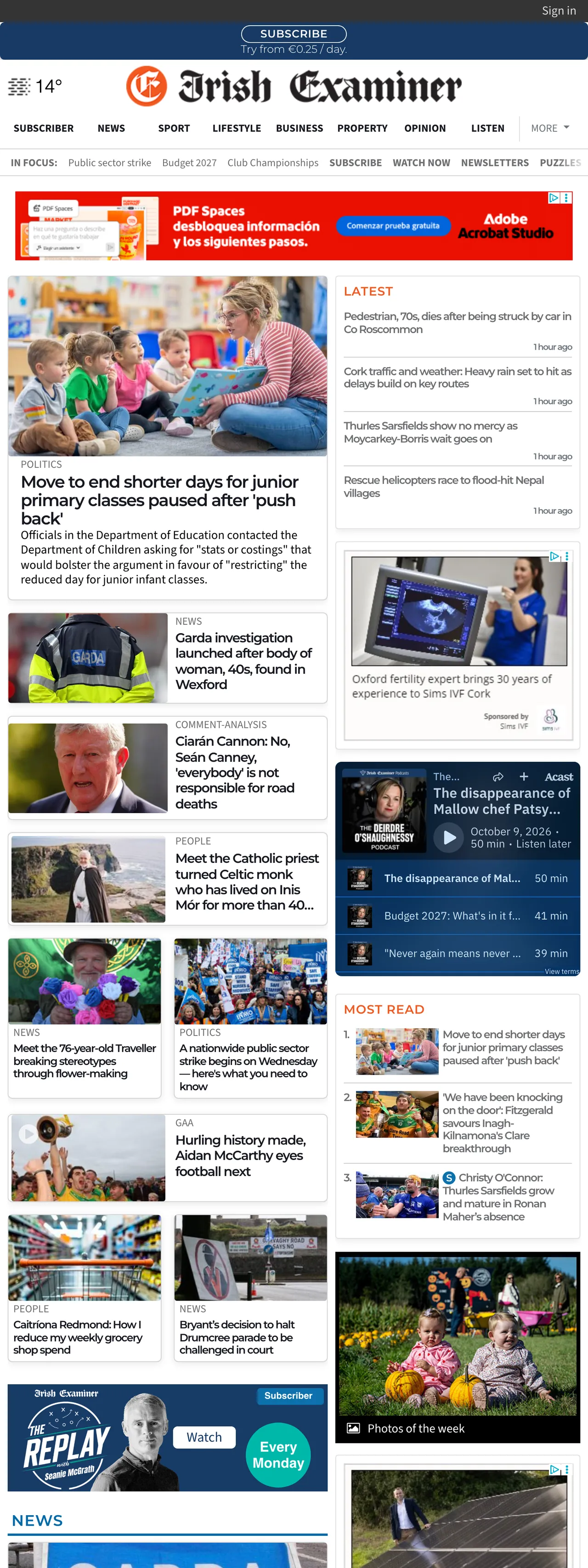 Screenshot of the Irish Examiner front page