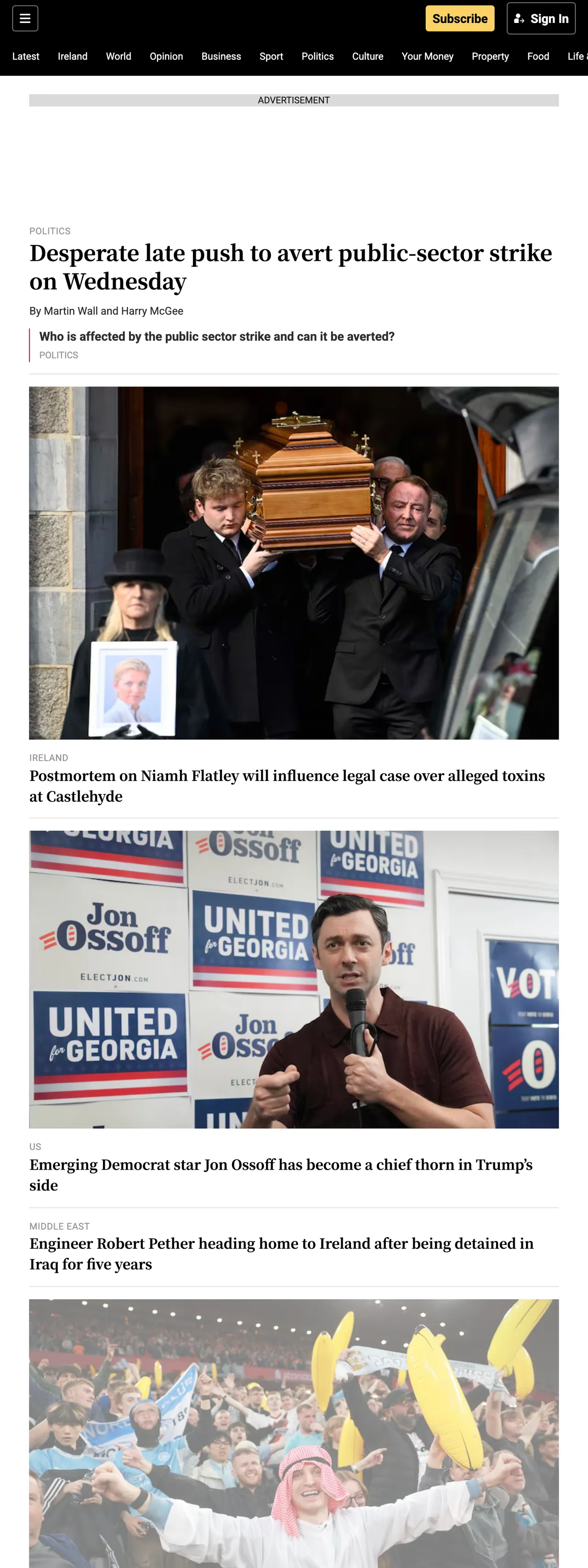 Screenshot of the The Irish Times front page
