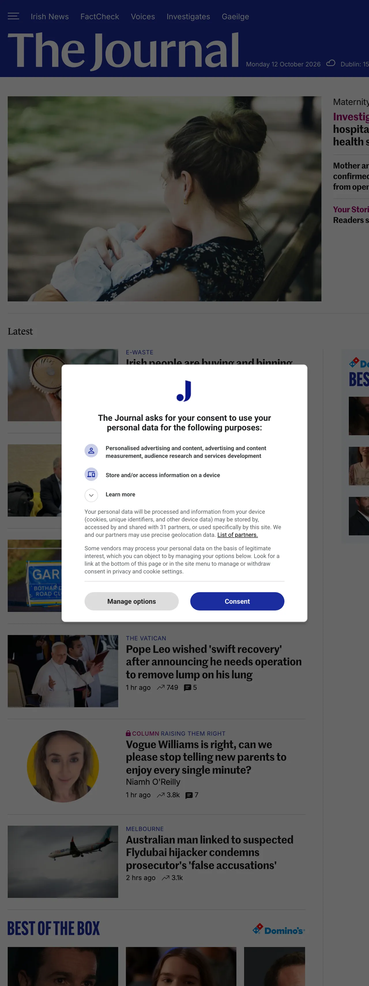 Screenshot of the TheJournal.ie front page