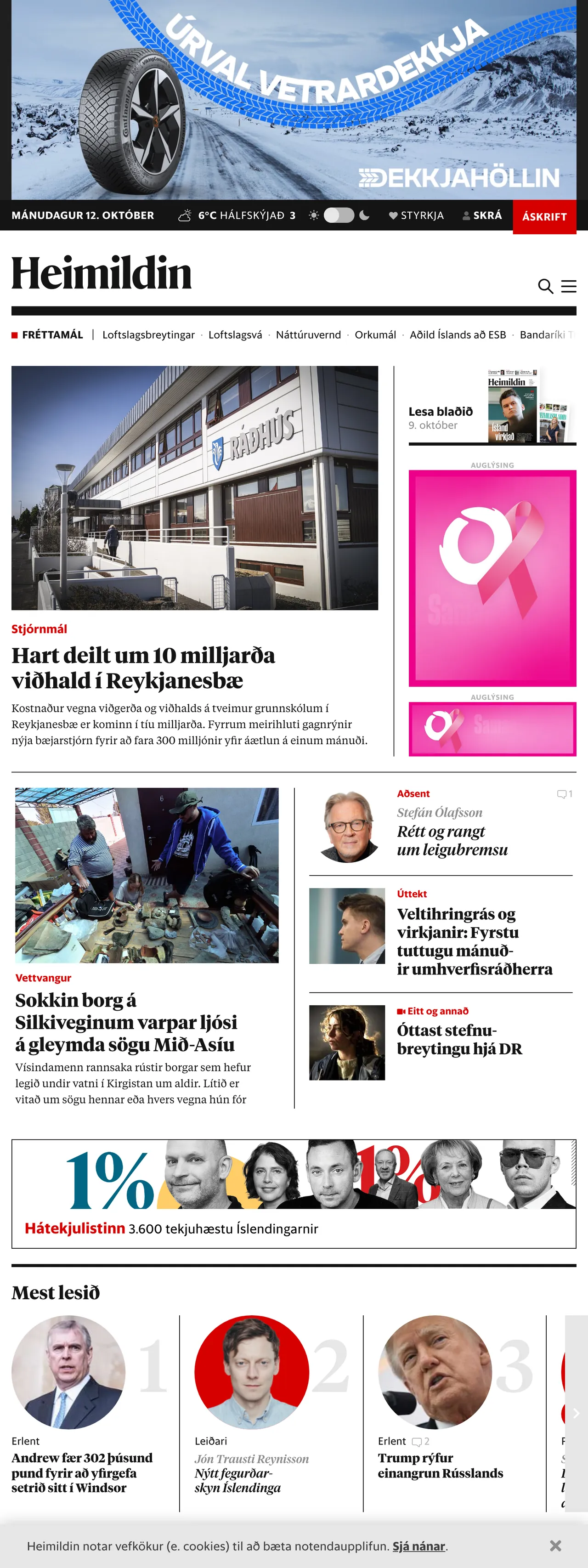 Screenshot of the Heimildin front page