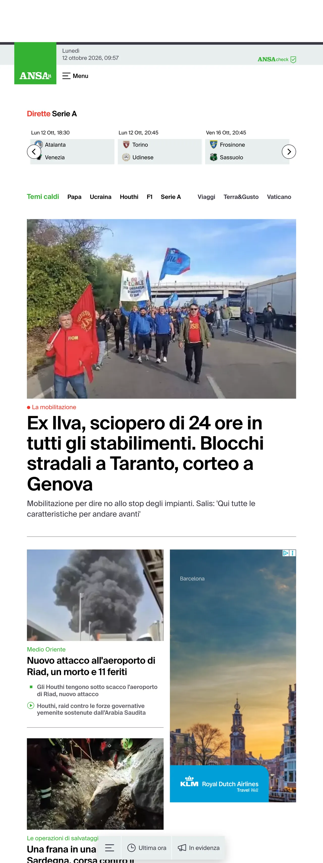 Screenshot of the ANSA front page
