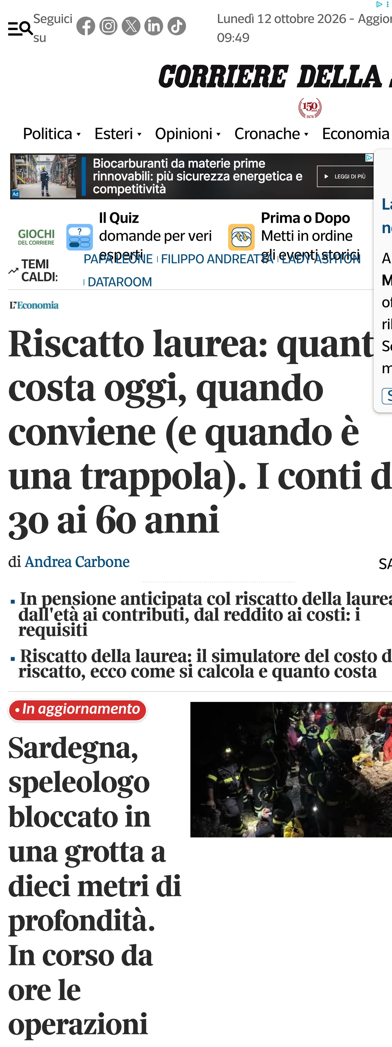 Screenshot of the Corriere della Sera front page