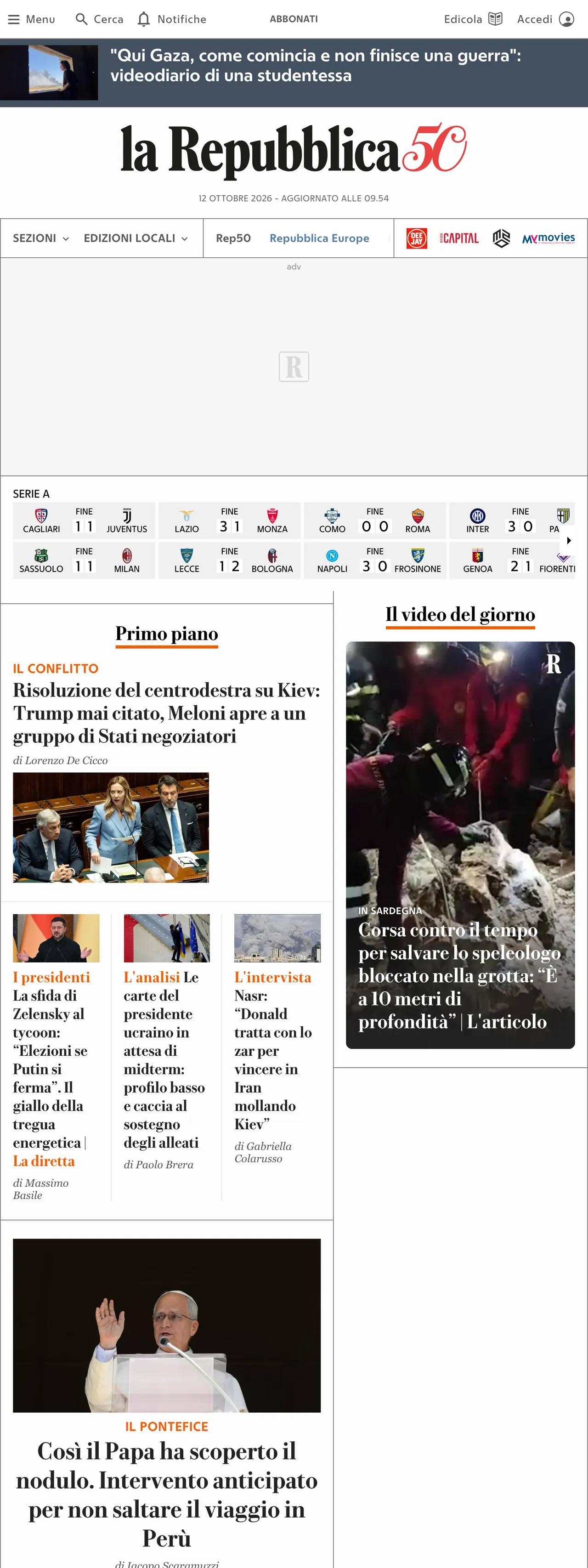 Screenshot of the la Repubblica front page