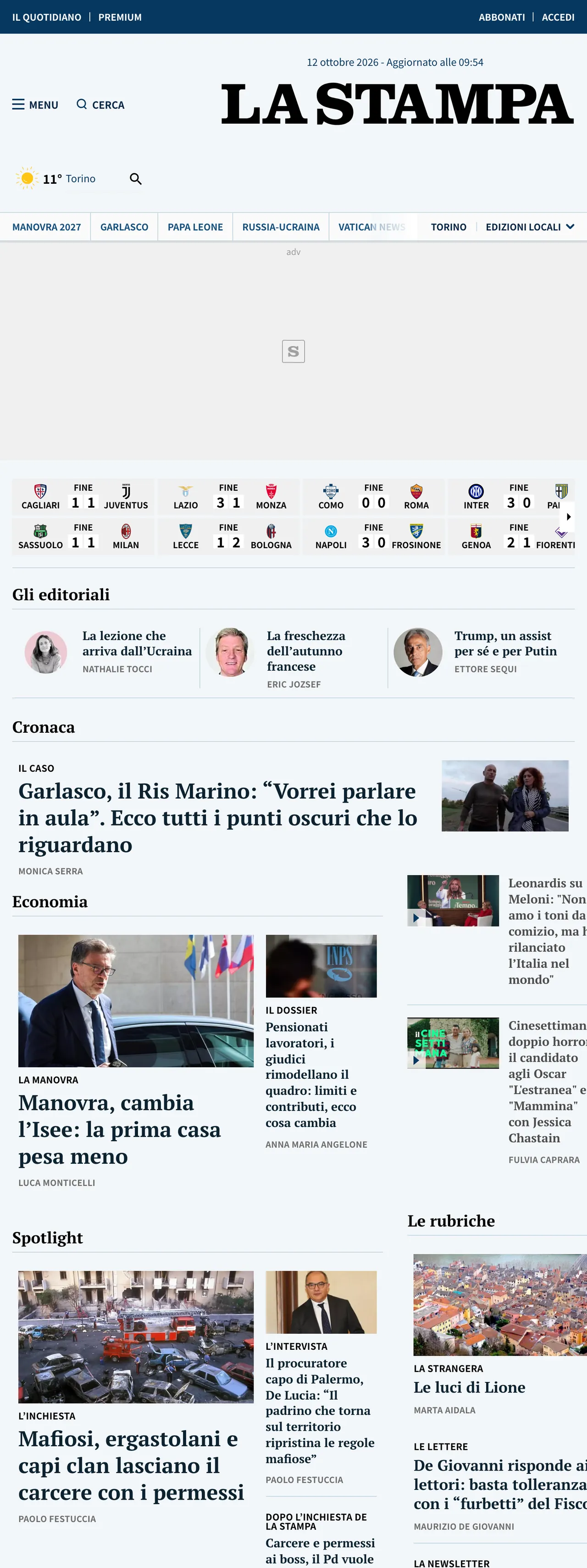 Screenshot of the La Stampa front page