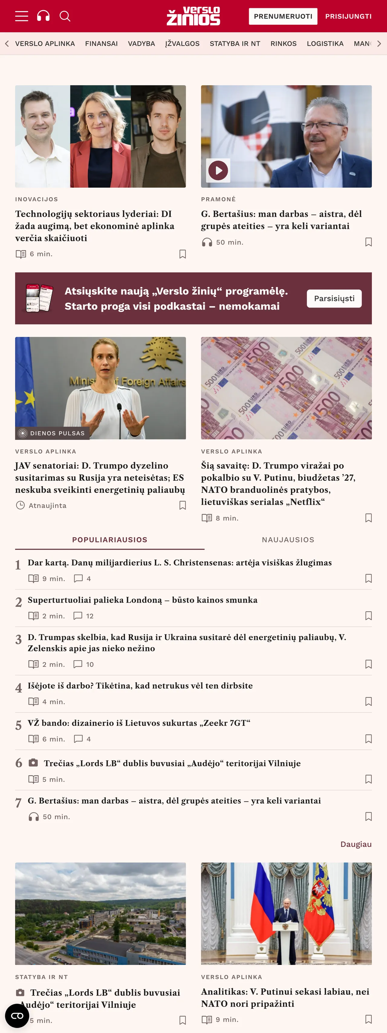 Screenshot of the Verslo žinios front page