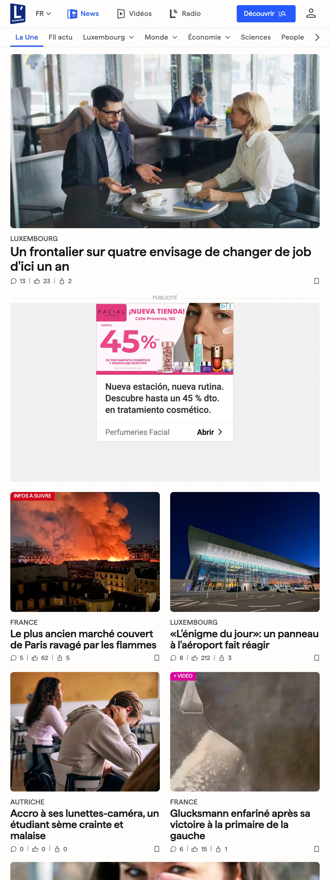 Screenshot of the L'essentiel front page