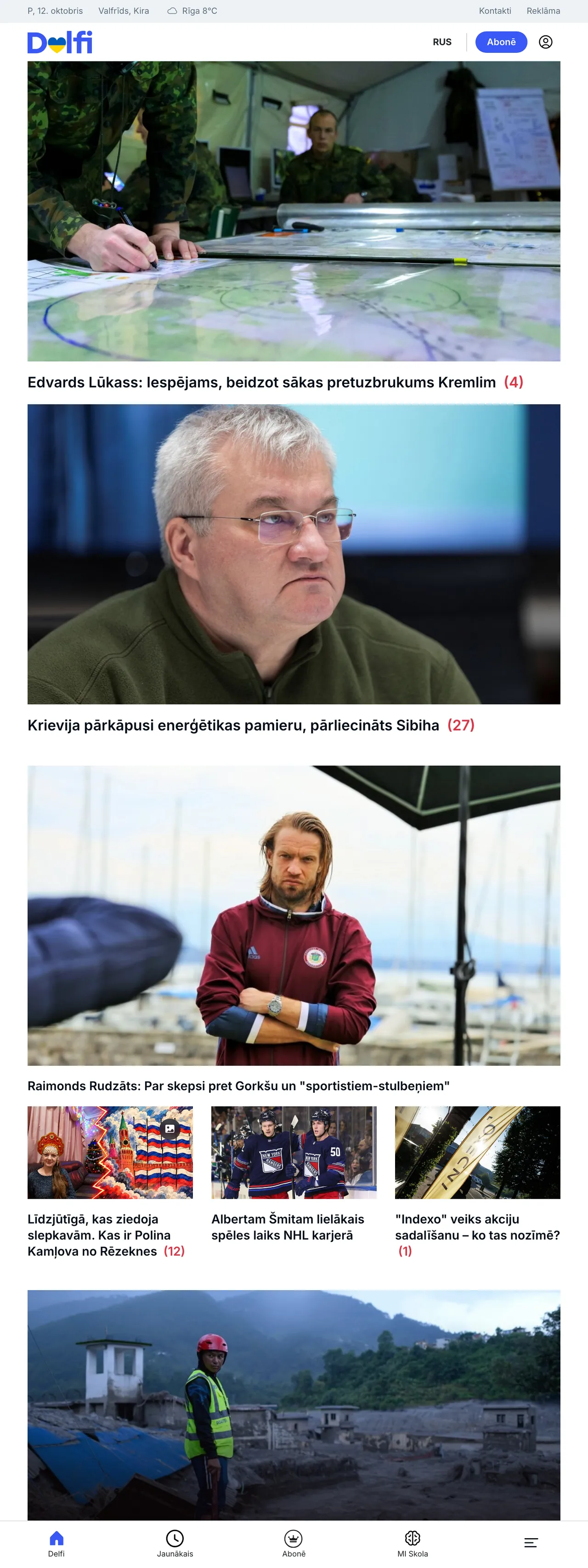 Screenshot of the Delfi front page
