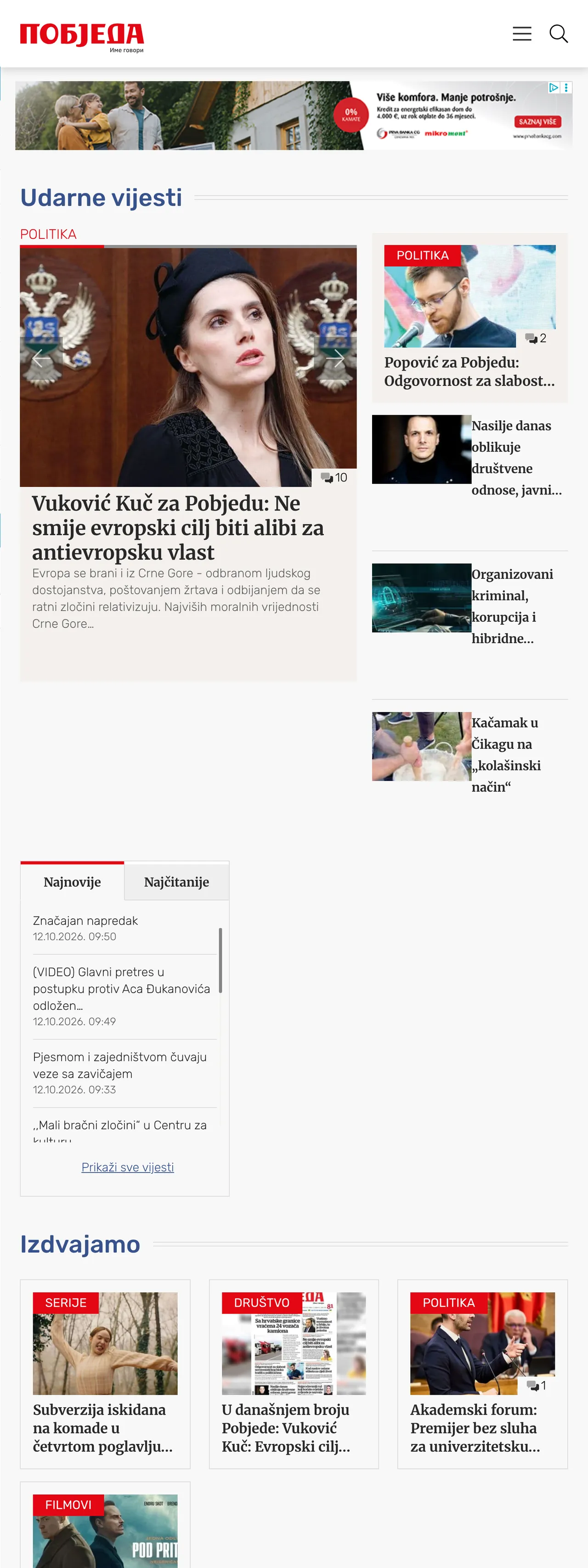 Screenshot of the Pobjeda front page