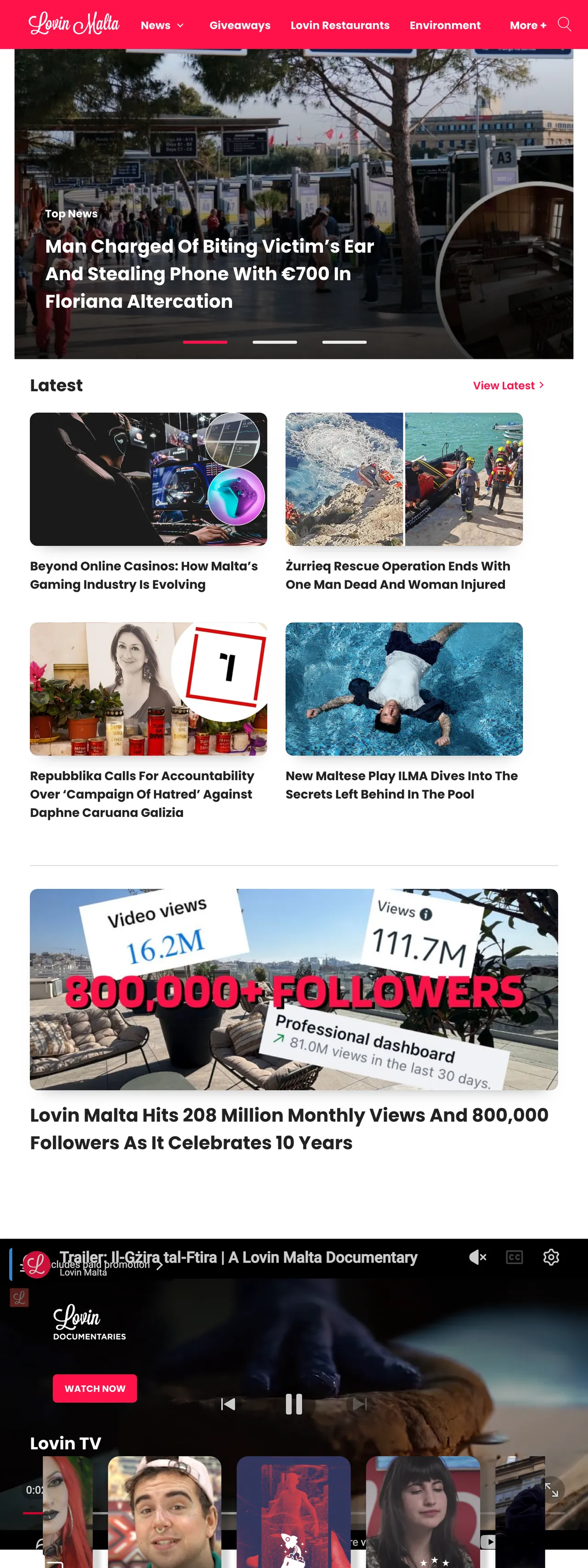Screenshot of the Lovin Malta front page