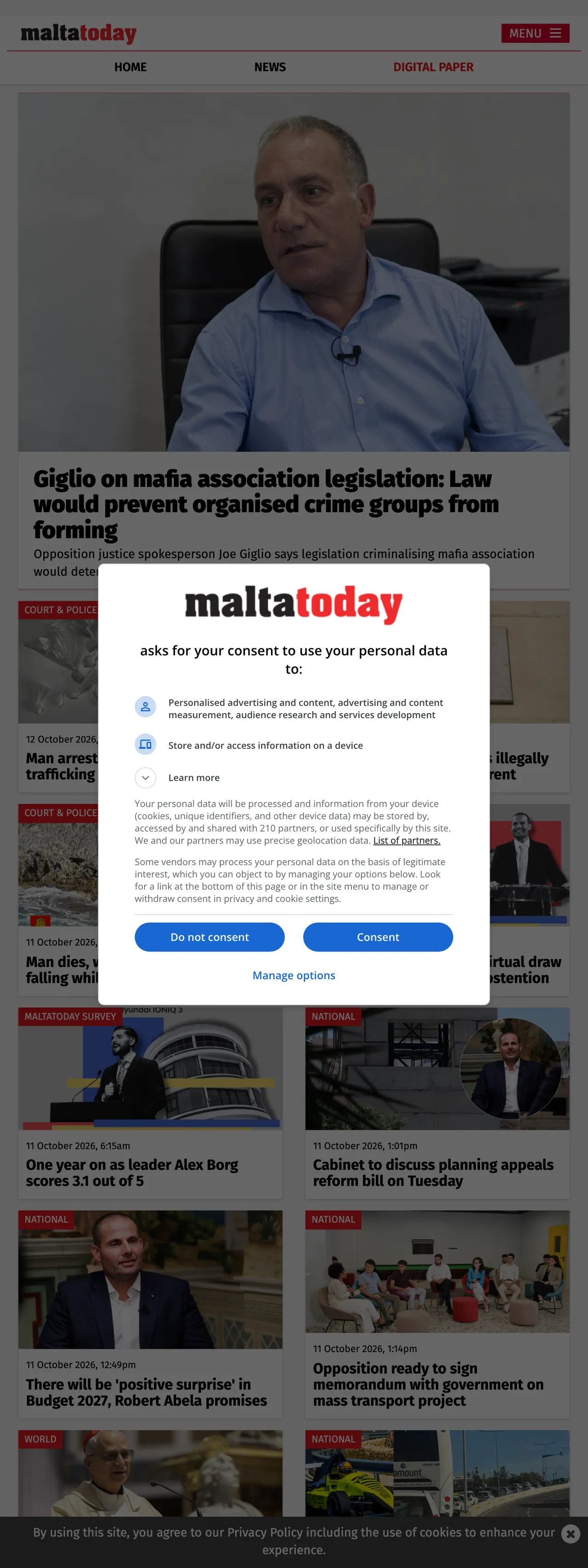 Screenshot of the Malta Today front page