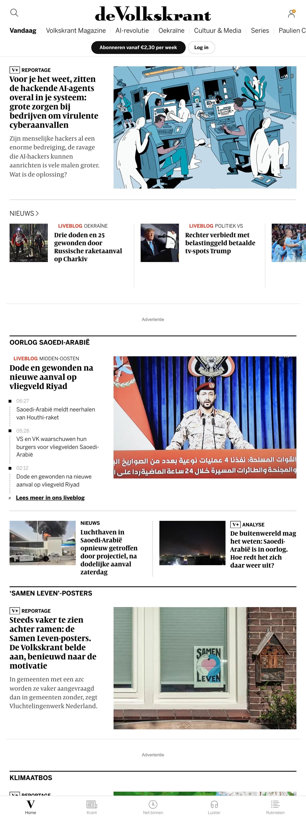 Screenshot of the de Volkskrant front page