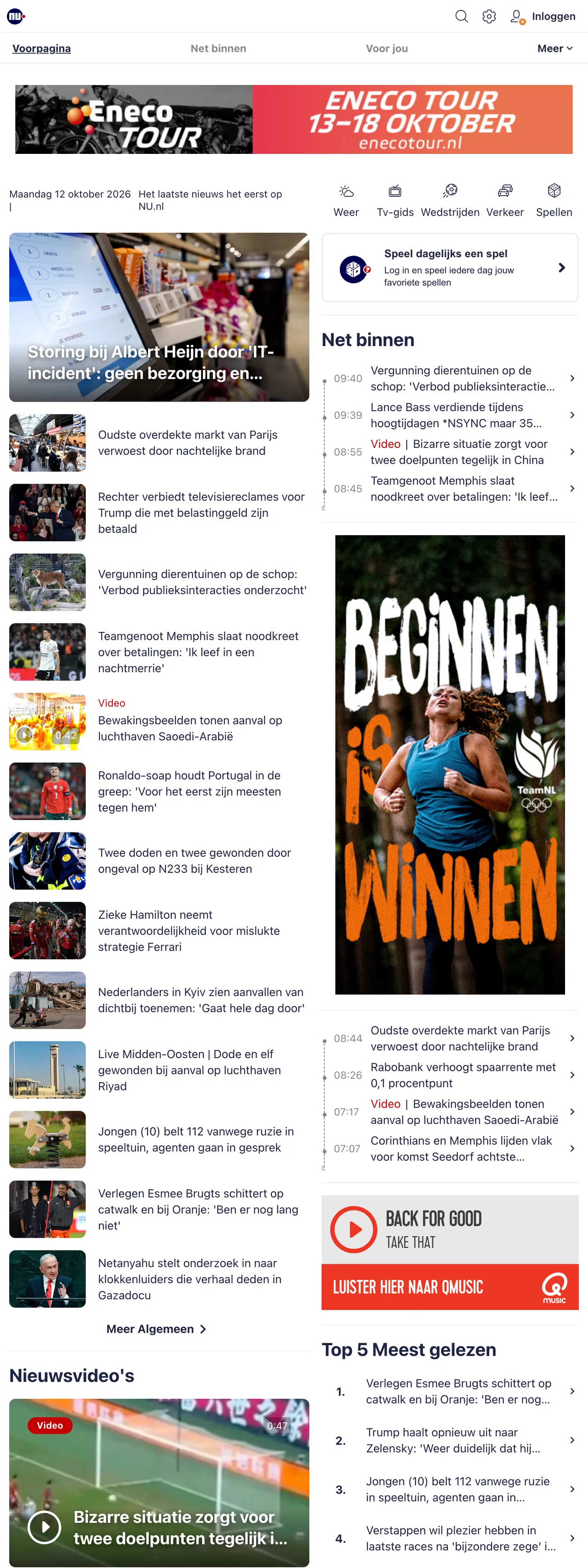Screenshot of the NU.nl front page