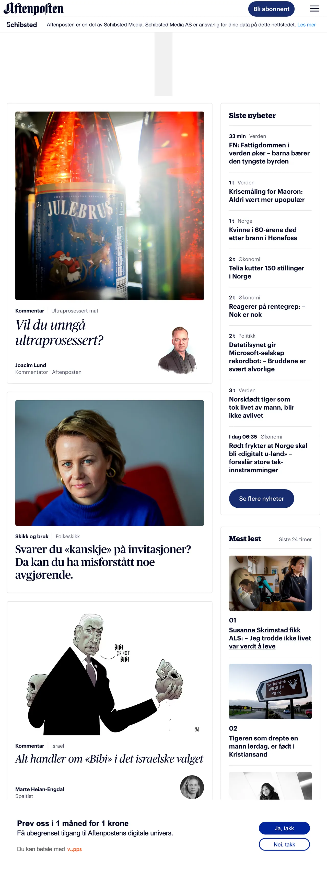 Screenshot of the Aftenposten front page