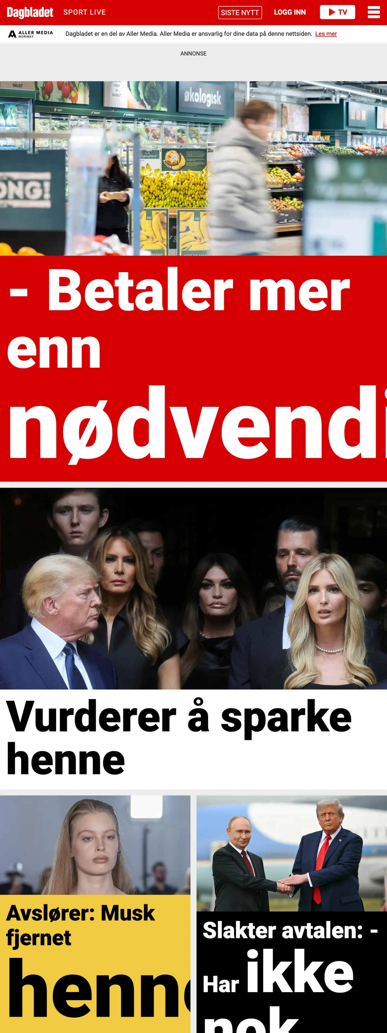 Screenshot of the Dagbladet front page