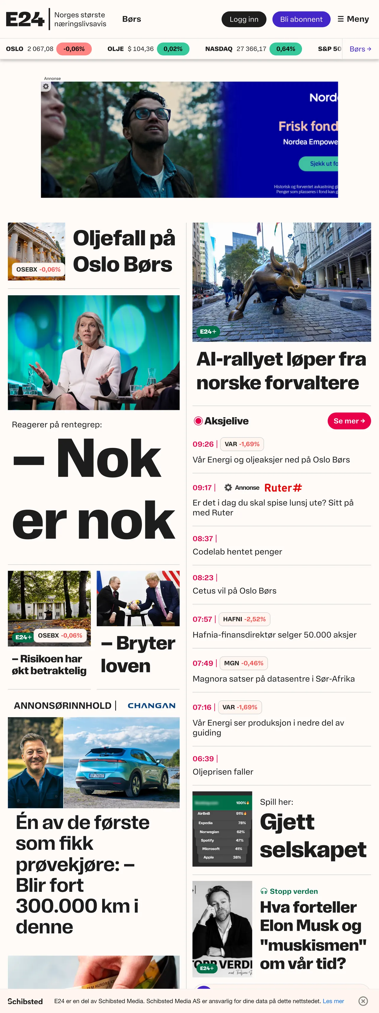 Screenshot of the E24 front page