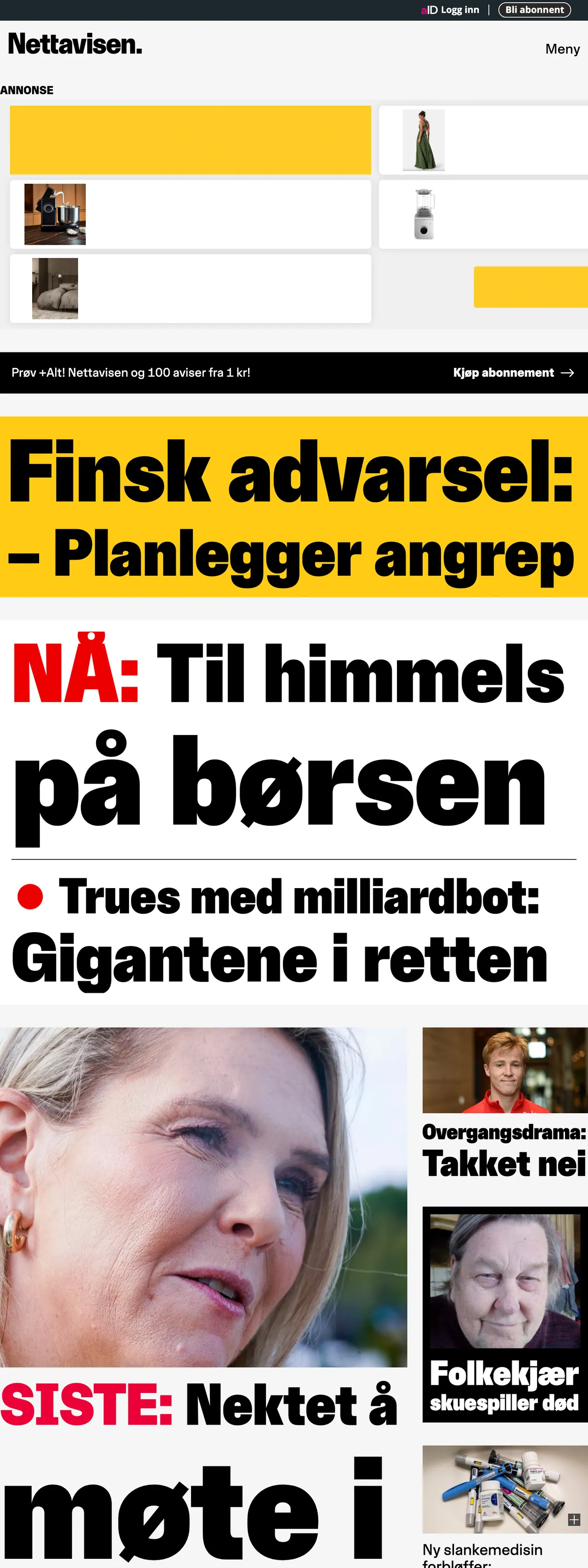 Screenshot of the Nettavisen front page