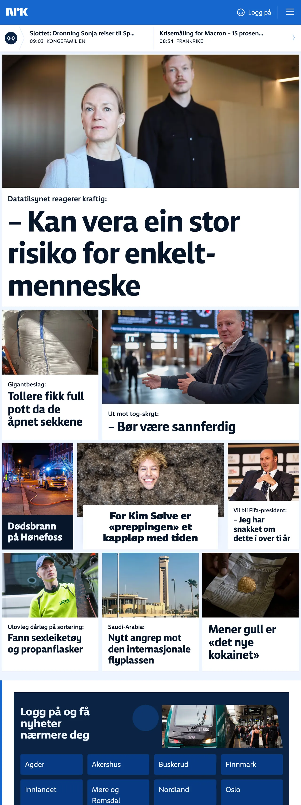 Screenshot of the NRK front page