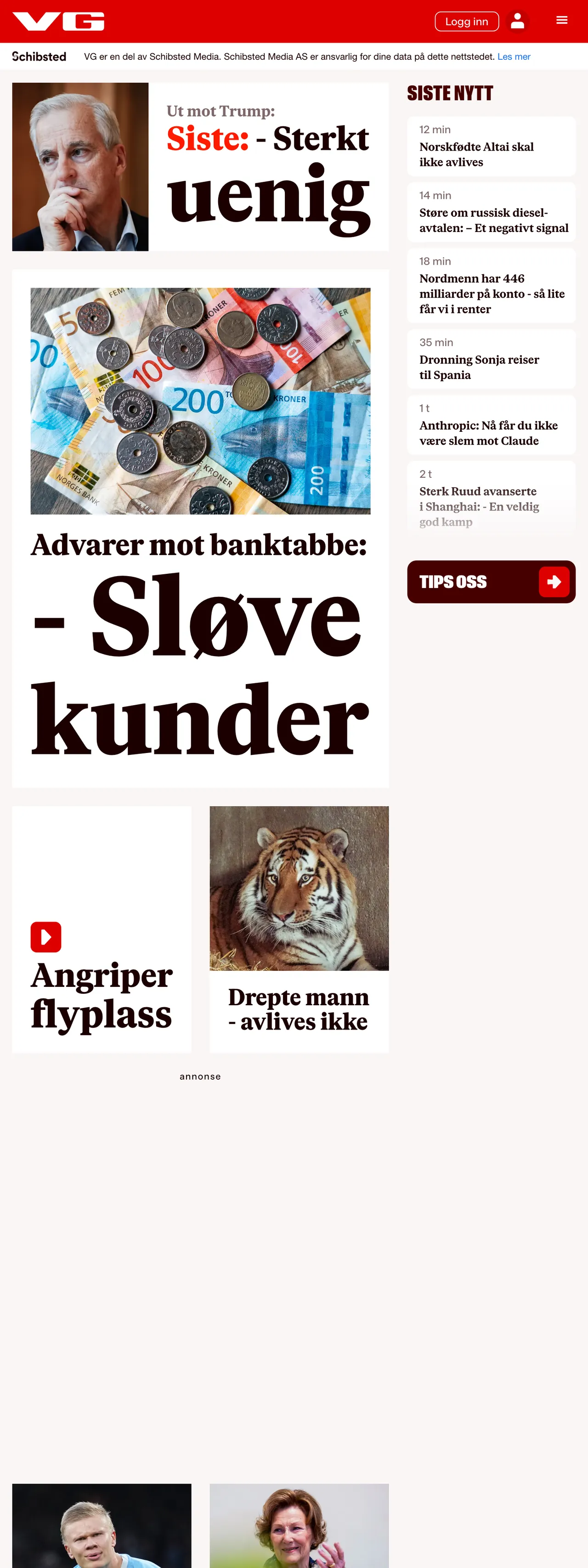 Screenshot of the VG front page