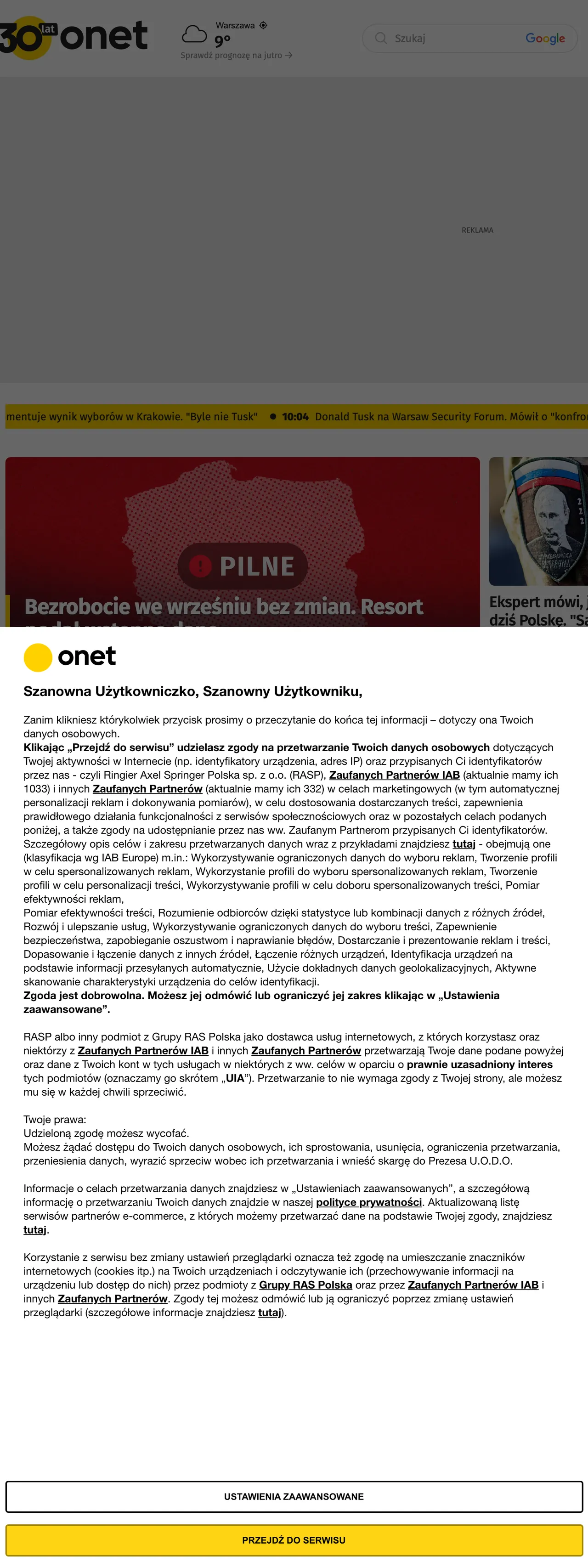 Screenshot of the Onet front page