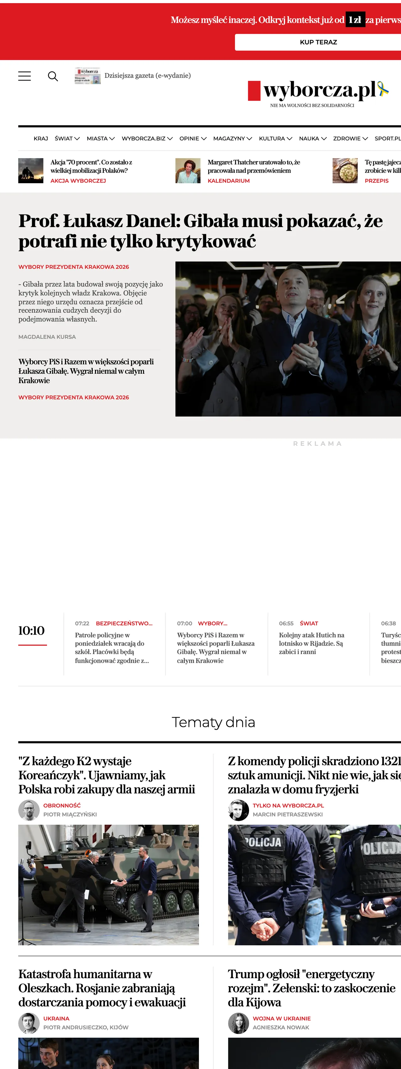 Screenshot of the Wyborcza front page
