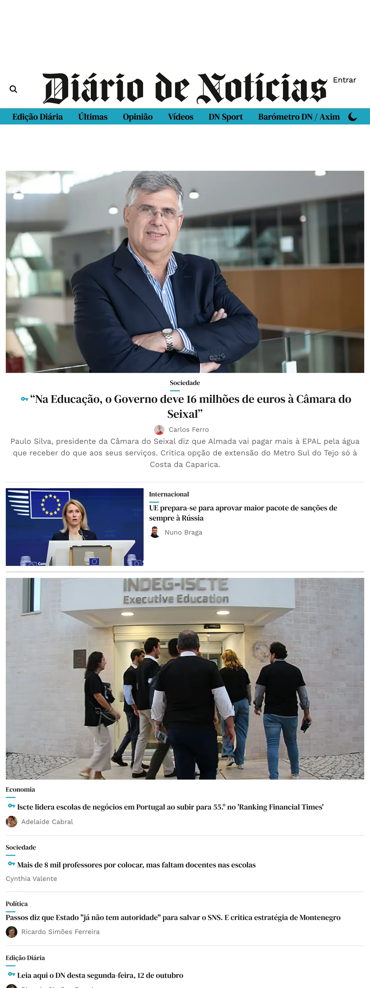 Screenshot of the Diário de Notícias front page