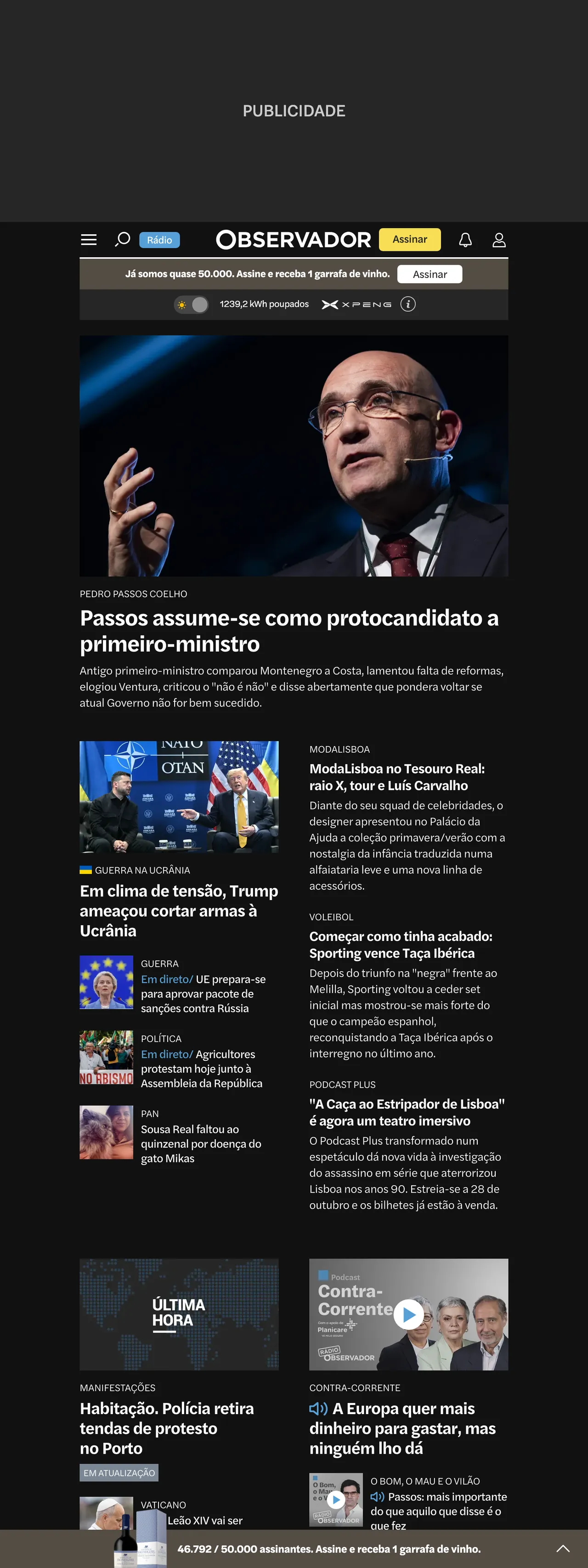 Screenshot of the Observador front page