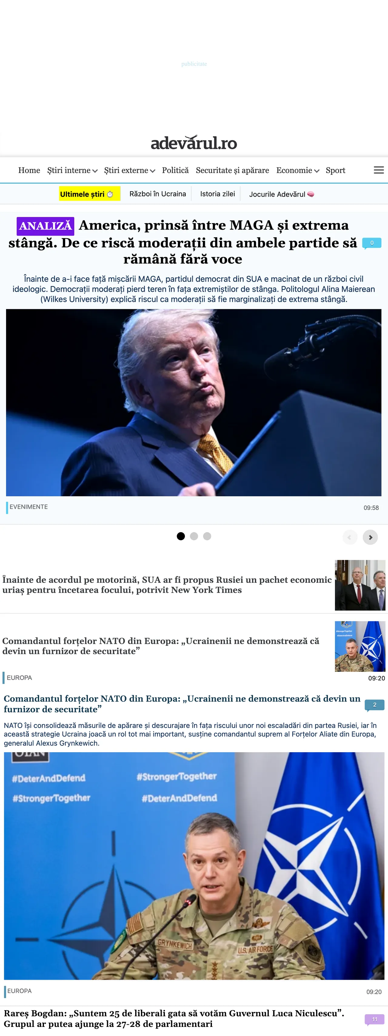 Screenshot of the Adevărul front page