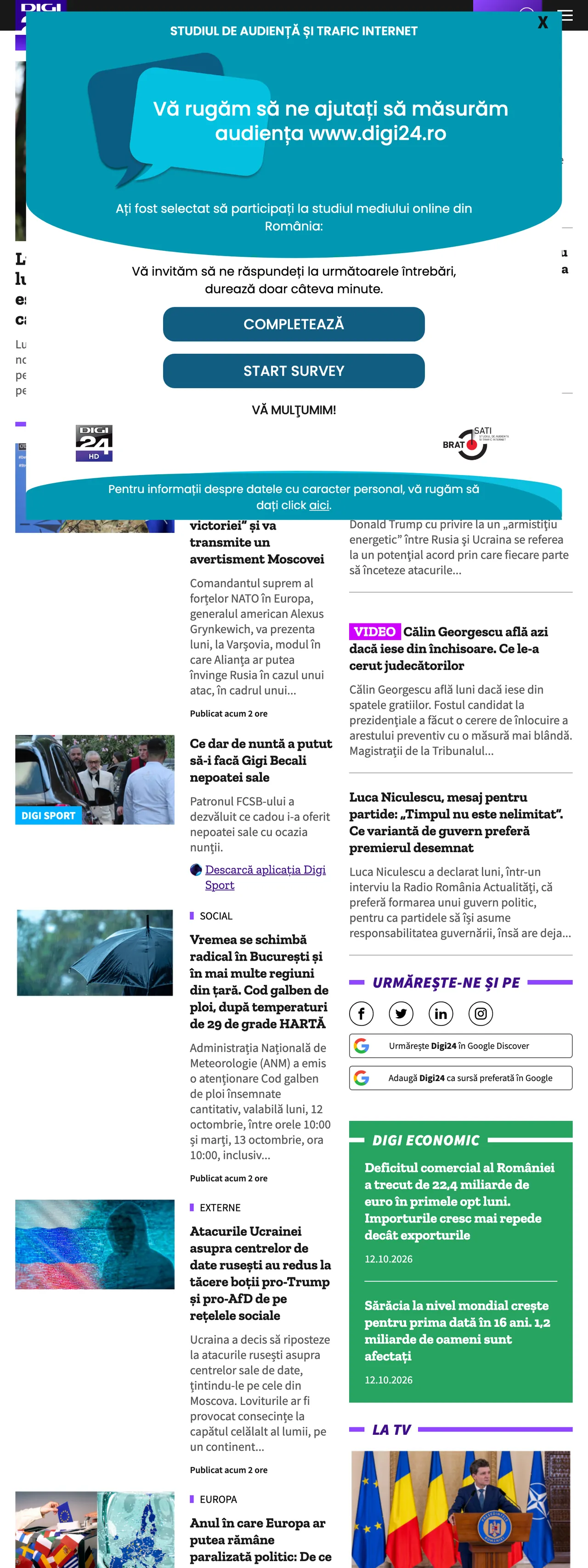 Screenshot of the Digi24 front page