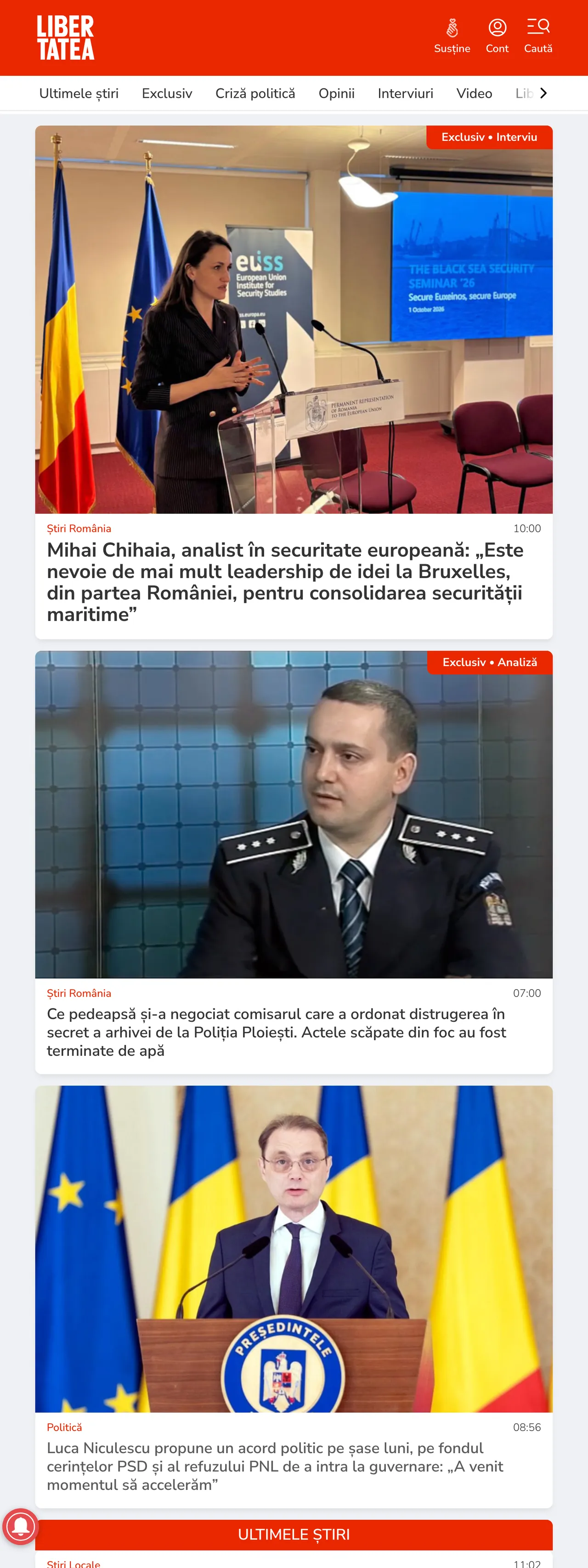 Screenshot of the Libertatea front page