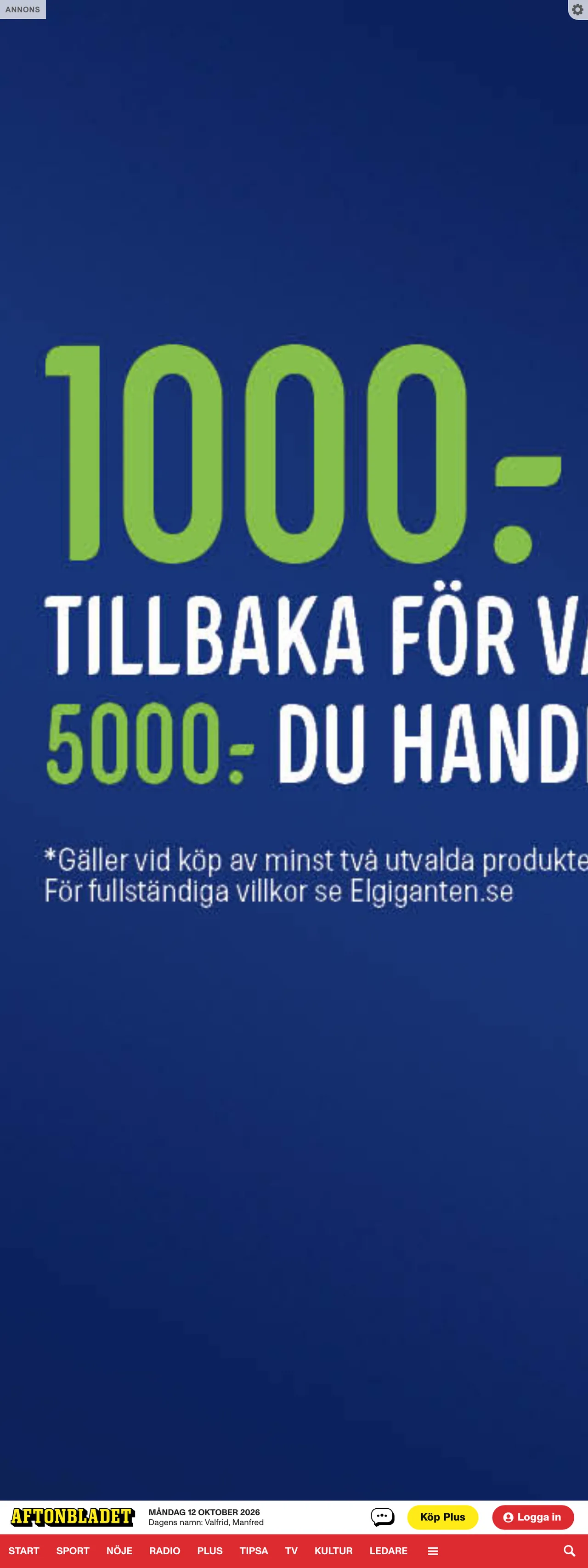 Screenshot of the Aftonbladet front page